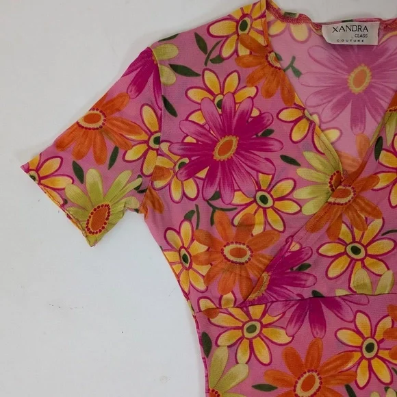 Free With Purchase - Floral Mesh T-Shirt Short Sleeve Sheer V-Neck Fitted Tight - Picture 6 of 9